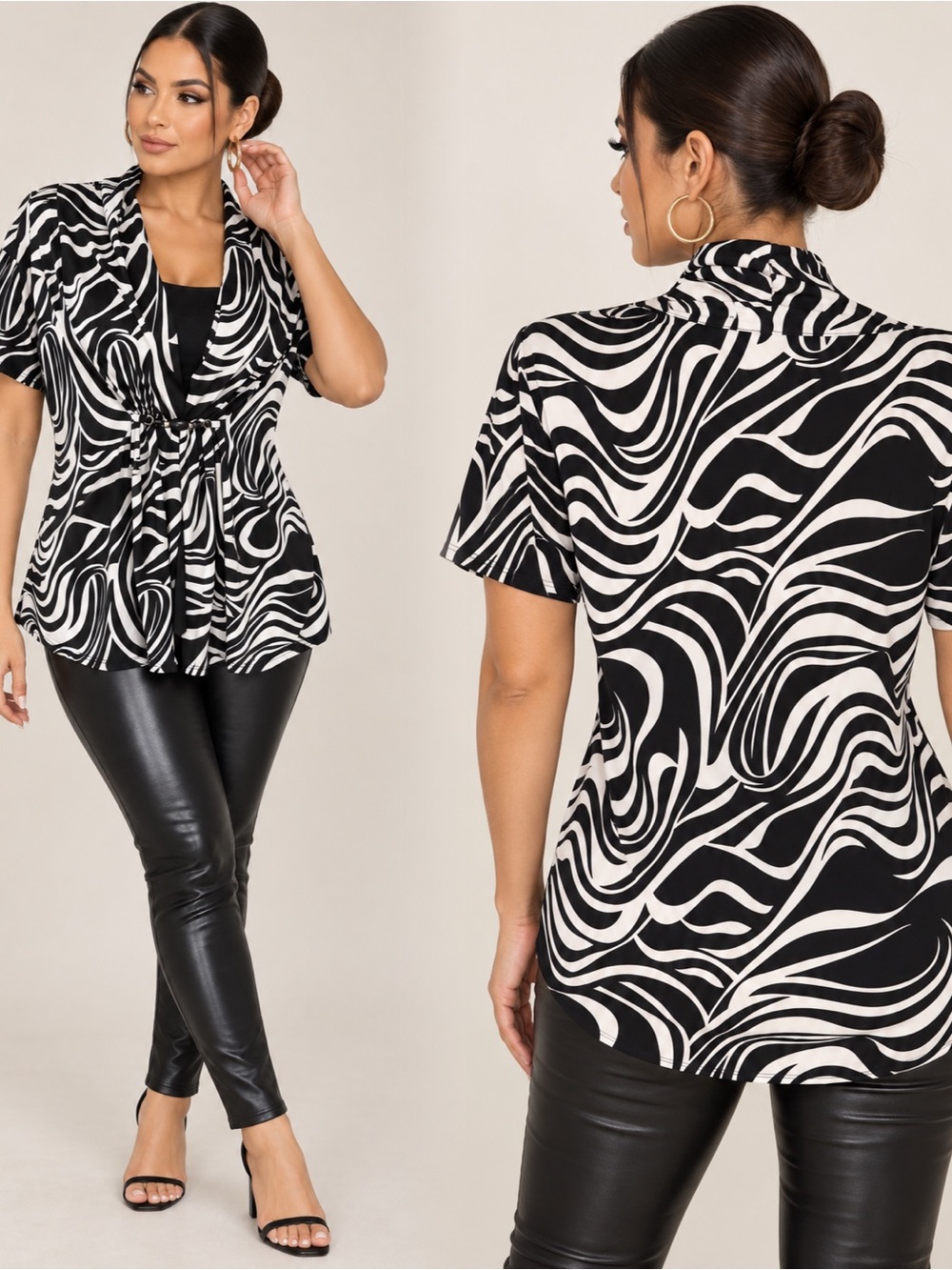 Abstract Wave Tie-Front Top - Black & White